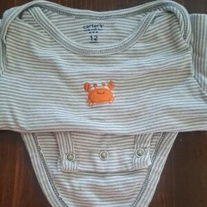 Onies 12 Months Carter's Gray and White Striped Bodysuit with Orange Crab